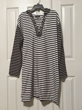 Chaps Blue and White Striped Lace-Up Hoodie Dress